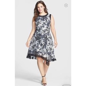 Adrianna Papell Contrast Trim Print Black and Gray‎ Sleeveless Dress 20W